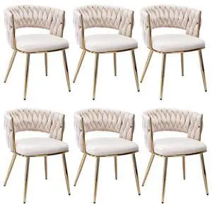 Modern Velvet Dining Chairs Set of 6, Upholstered Living Room Chair with Woven Back and Golden Metal Legs, Mid-Century Accent Side Chair for Dining Room, Kitchen,Beige Modern Velvet Dining Chairs Set of 6, Upholstered Living Room Chair with Woven Back and Golden Metal Legs, Mid-Century Accent Side Chair for Dining Room, Kitchen,Beige