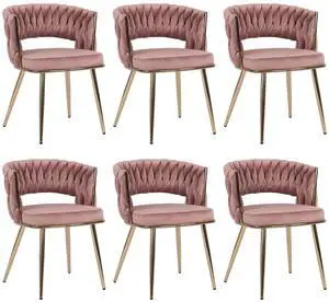Modern Velvet Dining Chairs Set of 6, Upholstered Living Room Chair with Woven Back and Golden Metal Legs, Mid-Century Accent Side Chair for Dining Room, Kitchen, Rose Modern Velvet Dining Chairs Set of 6, Upholstered Living Room Chair with Woven Back and Golden Metal Legs, Mid-Century Accent Side Chair for Dining Room, Kitchen, Rose