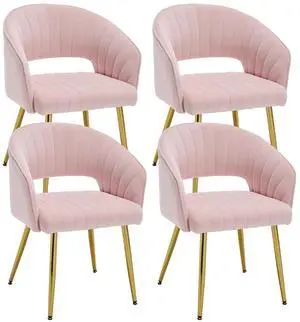 Modern Accent Dining Chairs Set of 4, Upholstered Velvet With Hollow Back, Tufted Kitchen Side Chairs With Gold Metal Legs for Living Room Restaurant, Pink Modern Accent Dining Chairs Set of 4, Upholstered Velvet With Hollow Back, Tufted Kitchen Side Chairs With Gold Metal Legs for Living Room Restaurant, Pink