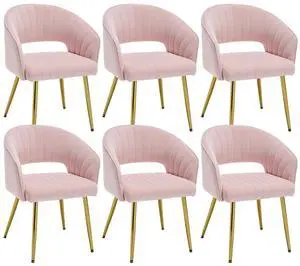 Modern Accent Dining Chairs Set of 6, Upholstered Velvet Dining Room Chairs with Hollow Back, Tufted Kitchen Chairs Side Chairs with Gold Metal Legs for Living Room Restaurant, Pink Modern Accent Dining Chairs Set of 6, Upholstered Velvet Dining Room Chairs with Hollow Back, Tufted Kitchen Chairs Side Chairs with Gold Metal Legs for Living Room Restaurant, Pink
