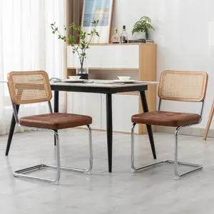 Mid Century Modern Dining Chairs Set of 2, Faux Leather Rattan Dining Room Kitchen Side Chairs with Metal Legs and Upholstered Seat for Dining Room, Living Room, Bedroom,Brown Mid Century Modern Dining Chairs Set of 2, Faux Leather Rattan Dining Room Kitchen Side Chairs with Metal Legs and Upholstered Seat for Dining Room, Living Room, Bedroom,Brown