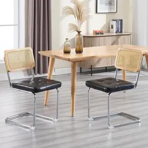 Mid Century Modern Dining Chairs Set of 2, Faux Leather Rattan Dining Room Kitchen Side Chairs with Metal Legs and Upholstered Seat for Dining Room, Living Room, Bedroom, Silver Legs Mid Century Modern Dining Chairs Set of 2, Faux Leather Rattan Dining Room Kitchen Side Chairs with Metal Legs and Upholstered Seat for Dining Room, Living Room, Bedroom, Silver Legs