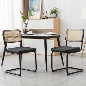 Mid Century Modern Dining Chairs Set of 2, Faux Leather Rattan Dining Room Kitchen Side Chairs with Metal Legs and Upholstered Seat for Dining Room, Living Room, Bedroom,Black Mid Century Modern Dining Chairs Set of 2, Faux Leather Rattan Dining Room Kitchen Side Chairs with Metal Legs and Upholstered Seat for Dining Room, Living Room, Bedroom,Black
