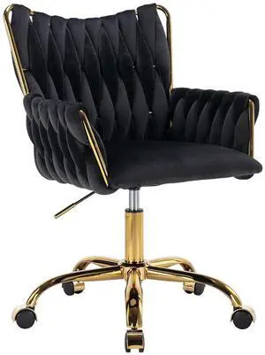 Modern Velvet Home Office Desk Chair with Hand Woven Backrest, Upholstered Adjustable Makeup Vanity Chair with Armrest and Golden Metal Base with Wheels for Living Room Bedroom Study(Black) Modern Velvet Home Office Desk Chair with Hand Woven Backrest, Upholstered Adjustable Makeup Vanity Chair with Armrest and Golden Metal Base with Wheels for Living Room Bedroom Study(Black)