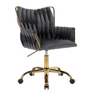 Modern Velvet Home Office Desk Chair with Hand Woven Backrest, Upholstered Adjustable Makeup Vanity Chair with Armrest and Golden Metal Base with Wheels for Living Room Bedroom Study(Gray) Modern Velvet Home Office Desk Chair with Hand Woven Backrest, Upholstered Adjustable Makeup Vanity Chair with Armrest and Golden Metal Base with Wheels for Living Room Bedroom Study(Gray)