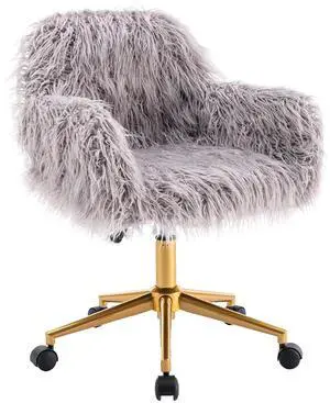 Fluffy Office Desk Chair, Faux Fur Modern Swivel Armchair with Wheels, Soft Comfy Fuzzy Elegant Accent Makeup Vanity Chairs for Women Girls, Home Living Dressing Room Bedroom, Gray Fluffy Office Desk Chair, Faux Fur Modern Swivel Armchair with Wheels, Soft Comfy Fuzzy Elegant Accent Makeup Vanity Chairs for Women Girls, Home Living Dressing Room Bedroom, Gray