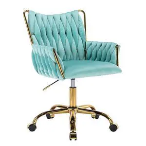 Modern Velvet Home Office Desk Chair with Hand Woven Backrest, Upholstered Adjustable Makeup Vanity Chair with Armrest and Golden Metal Base with Wheels for Living Room Bedroom Study(Bule) Modern Velvet Home Office Desk Chair with Hand Woven Backrest, Upholstered Adjustable Makeup Vanity Chair with Armrest and Golden Metal Base with Wheels for Living Room Bedroom Study(Bule)