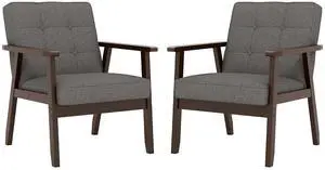 Mid-Century Modern Linen Fabric Accent Chair Set of 2, Upholstered Tufted Leisure Chair Comfy Reading Side Chairs with Armrest and Solid Wood Frame for Living Room Bedroom Balcony(Gray) Mid-Century Modern Linen Fabric Accent Chair Set of 2, Upholstered Tufted Leisure Chair Comfy Reading Side Chairs with Armrest and Solid Wood Frame for Living Room Bedroom Balcony(Gray)