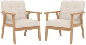 Mid-Century Modern Linen Fabric Accent Chair Set of 2, Upholstered Tufted Leisure Chair Comfy Reading Side Chair with Armrest and Solid Wood Frame for Living Room Bedroom Balcony(Beige) Mid-Century Modern Linen Fabric Accent Chair Set of 2, Upholstered Tufted Leisure Chair Comfy Reading Side Chair with Armrest and Solid Wood Frame for Living Room Bedroom Balcony(Beige)