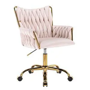 Modern Velvet Home Office Desk Chair with Hand Woven Backrest, Upholstered Adjustable Makeup Vanity Chair with Armrest and Golden Metal Base with Wheels for Living Room Bedroom Study(Light Pink) Modern Velvet Home Office Desk Chair with Hand Woven Backrest, Upholstered Adjustable Makeup Vanity Chair with Armrest and Golden Metal Base with Wheels for Living Room Bedroom Study(Light Pink)