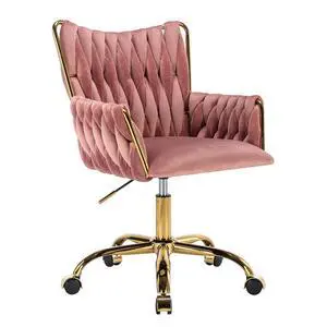 Modern Velvet Home Office Desk Chair with Hand Woven Backrest, Upholstered Adjustable Makeup Vanity Chair with Armrest and Golden Metal Base with Wheels for Living Room Bedroom Study(Rose) Modern Velvet Home Office Desk Chair with Hand Woven Backrest, Upholstered Adjustable Makeup Vanity Chair with Armrest and Golden Metal Base with Wheels for Living Room Bedroom Study(Rose)
