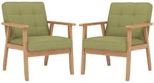 Mid-Century Modern Linen Fabric Accent Chair Set of 2, Upholstered Tufted Leisure Chair Comfy Reading Side Chair with Armrest and Solid Wood Frame for Living Room Bedroom Balcony(Green) Mid-Century Modern Linen Fabric Accent Chair Set of 2, Upholstered Tufted Leisure Chair Comfy Reading Side Chair with Armrest and Solid Wood Frame for Living Room Bedroom Balcony(Green)