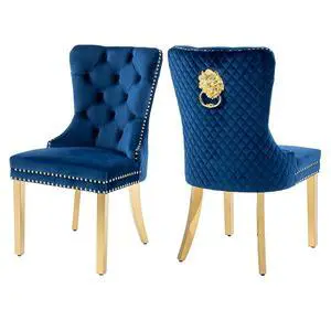 Velvet Upholstered Dining Chairs Set of 2, Modern Button Tufted Chairs with Lion Head Pull Ring and Stainless Steel Legs for Living Room Kitchen, Blue Velvet Upholstered Dining Chairs Set of 2, Modern Button Tufted Chairs with Lion Head Pull Ring and Stainless Steel Legs for Living Room Kitchen, Blue