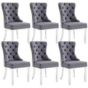 Velvet Upholstered Dining Chairs Set of 6, Modern Button Tufted Chairs with Lion Head Pull Ring and Stainless Steel Legs for Living Room Kitchen, Gray Velvet Upholstered Dining Chairs Set of 6, Modern Button Tufted Chairs with Lion Head Pull Ring and Stainless Steel Legs for Living Room Kitchen, Gray