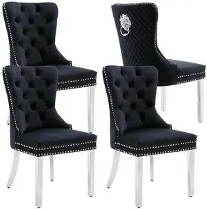 Velvet Upholstered Dining Chairs Set of 4, Modern Button Tufted Chairs with Lion Head Pull Ring and Stainless Steel Legs for Living Room Kitchen, Black Velvet Upholstered Dining Chairs Set of 4, Modern Button Tufted Chairs with Lion Head Pull Ring and Stainless Steel Legs for Living Room Kitchen, Black