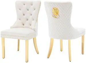 Velvet Upholstered Dining Chairs Set of 2, Modern Button Tufted Chairs with Lion Head Pull Ring and Stainless Steel Legs for Living Room Kitchen, Beige Velvet Upholstered Dining Chairs Set of 2, Modern Button Tufted Chairs with Lion Head Pull Ring and Stainless Steel Legs for Living Room Kitchen, Beige