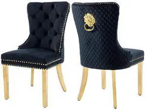 Velvet Upholstered Dining Chairs Set of 2, Modern Button Tufted Chairs with Lion Head Pull Ring and Stainless Steel Legs for Living Room Kitchen, Black Velvet Upholstered Dining Chairs Set of 2, Modern Button Tufted Chairs with Lion Head Pull Ring and Stainless Steel Legs for Living Room Kitchen, Black