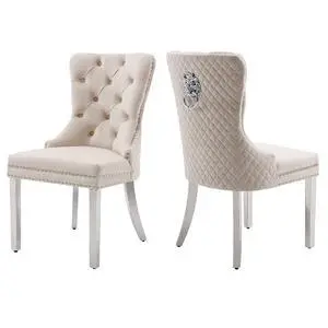 Velvet Upholstered Dining Chairs Set of 2, Modern Button Tufted Chairs with Lion Head Pull Ring and Stainless Steel Legs for Living Room Kitchen, Beige Velvet Upholstered Dining Chairs Set of 2, Modern Button Tufted Chairs with Lion Head Pull Ring and Stainless Steel Legs for Living Room Kitchen, Beige