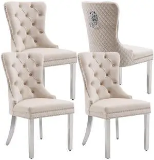 Velvet Upholstered Dining Chairs Set of 4, Modern Button Tufted Chairs with Lion Head Pull Ring and Stainless Steel Legs for Living Room Kitchen, Beige Velvet Upholstered Dining Chairs Set of 4, Modern Button Tufted Chairs with Lion Head Pull Ring and Stainless Steel Legs for Living Room Kitchen, Beige