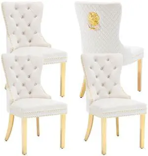 Velvet Upholstered Dining Chairs Set of 4, Modern Button Tufted Chairs with Lion Head Pull Ring and Stainless Steel Legs for Living Room Kitchen, Beige Velvet Upholstered Dining Chairs Set of 4, Modern Button Tufted Chairs with Lion Head Pull Ring and Stainless Steel Legs for Living Room Kitchen, Beige