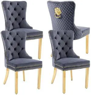 Velvet Upholstered Dining Chairs Set of 4, Modern Button Tufted Chairs with Lion Head Pull Ring and Stainless Steel Legs for Living Room Kitchen, Dark Gray Velvet Upholstered Dining Chairs Set of 4, Modern Button Tufted Chairs with Lion Head Pull Ring and Stainless Steel Legs for Living Room Kitchen, Dark Gray