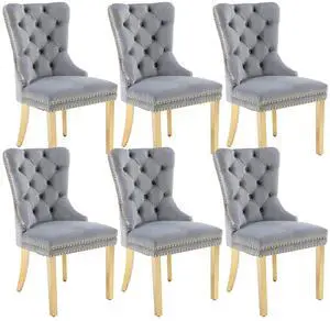 Velvet Upholstered Dining Chairs Set of 6, Modern Button Tufted Chairs with Lion Head Pull Ring and Stainless Steel Legs for Living Room Kitchen, Light Gray Velvet Upholstered Dining Chairs Set of 6, Modern Button Tufted Chairs with Lion Head Pull Ring and Stainless Steel Legs for Living Room Kitchen, Light Gray