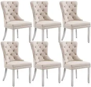 Velvet Upholstered Dining Chairs Set of 6, Modern Button Tufted Chairs with Lion Head Pull Ring and Stainless Steel Legs for Living Room Kitchen, Beige Velvet Upholstered Dining Chairs Set of 6, Modern Button Tufted Chairs with Lion Head Pull Ring and Stainless Steel Legs for Living Room Kitchen, Beige