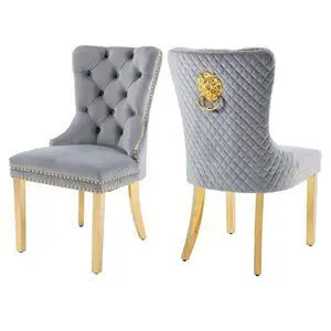 Velvet Upholstered Dining Chairs Set of 2, Modern Button Tufted Chairs with Lion Head Pull Ring and Stainless Steel Legs for Living Room Kitchen, Light Gray Velvet Upholstered Dining Chairs Set of 2, Modern Button Tufted Chairs with Lion Head Pull Ring and Stainless Steel Legs for Living Room Kitchen, Light Gray