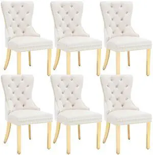 Velvet Upholstered Dining Chairs Set of 6, Modern Button Tufted Chairs with Lion Head Pull Ring and Stainless Steel Legs for Living Room Kitchen, Beige Velvet Upholstered Dining Chairs Set of 6, Modern Button Tufted Chairs with Lion Head Pull Ring and Stainless Steel Legs for Living Room Kitchen, Beige