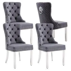 Velvet Upholstered Dining Chairs Set of 4, Modern Button Tufted Chairs with Lion Head Pull Ring and Stainless Steel Legs for Living Room Kitchen, Gray Velvet Upholstered Dining Chairs Set of 4, Modern Button Tufted Chairs with Lion Head Pull Ring and Stainless Steel Legs for Living Room Kitchen, Gray