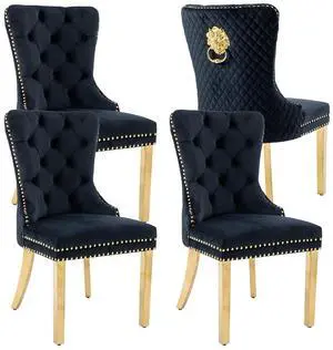 Velvet Upholstered Dining Chairs Set of 4, Modern Button Tufted Chairs with Lion Head Pull Ring and Stainless Steel Legs for Living Room Kitchen, Black Velvet Upholstered Dining Chairs Set of 4, Modern Button Tufted Chairs with Lion Head Pull Ring and Stainless Steel Legs for Living Room Kitchen, Black