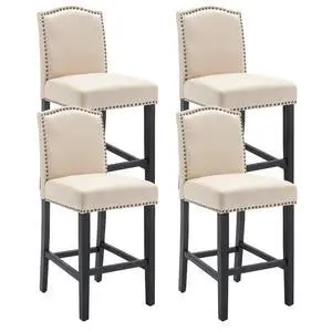 Counter Height Bar Stool 26 Inches Upholstered High Back Barstool with Antique Nail Heads Solid Wood Set of 4 Counter Height Bar Chairs,Beige Counter Height Bar Stool 26 Inches Upholstered High Back Barstool with Antique Nail Heads Solid Wood Set of 4 Counter Height Bar Chairs,Beige
