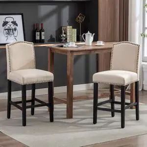 Counter Height Bar Stool 26 Inches Upholstered High Back Barstool with Antique Nail Heads Solid Wood Set of 2 Counter Height Bar Chairs,Beige Counter Height Bar Stool 26 Inches Upholstered High Back Barstool with Antique Nail Heads Solid Wood Set of 2 Counter Height Bar Chairs,Beige