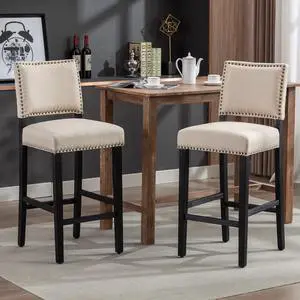 29 Inches Bar Stools Set of 2 Upholstered Bar Chair for Kitchen Islands Nail Head Trim, Beige 29 Inches Bar Stools Set of 2 Upholstered Bar Chair for Kitchen Islands Nail Head Trim, Beige