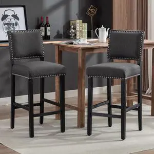 29 Inches Bar Stools Set of 2 Upholstered Bar Chair for Kitchen Islands Nail Head Trim, Gray 29 Inches Bar Stools Set of 2 Upholstered Bar Chair for Kitchen Islands Nail Head Trim, Gray