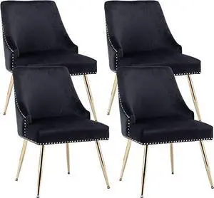 Velvet Dining Room Chairs Set of 4 Nailhead Back Ring Pull Trim with Gold Legs for Kitchen Living Room(Black) Velvet Dining Room Chairs Set of 4 Nailhead Back Ring Pull Trim with Gold Legs for Kitchen Living Room(Black)