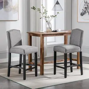 Counter Height Bar Stool 26 Inches Upholstered High Back Barstool with Antique Nail Heads Solid Wood Set of 2 Counter Height Bar Chairs,Light Grey Counter Height Bar Stool 26 Inches Upholstered High Back Barstool with Antique Nail Heads Solid Wood Set of 2 Counter Height Bar Chairs,Light Grey