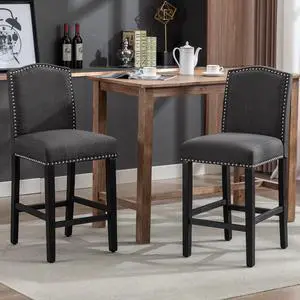 Counter Height Bar Stool 26 Inches Upholstered High Back Barstool with Antique Nail Heads Solid Wood Set of 2 Counter Height Bar Chairs,Gray Counter Height Bar Stool 26 Inches Upholstered High Back Barstool with Antique Nail Heads Solid Wood Set of 2 Counter Height Bar Chairs,Gray