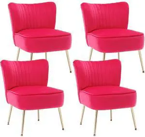 Modern Velvet Upholstered Accent Chair Set of 4,Mid Century Living Room Chairs with Golden Legs,Comfy Armless Chair Wingback Single Sofa Side Chair for Bedroom,Hot Pink Modern Velvet Upholstered Accent Chair Set of 4,Mid Century Living Room Chairs with Golden Legs,Comfy Armless Chair Wingback Single Sofa Side Chair for Bedroom,Hot Pink