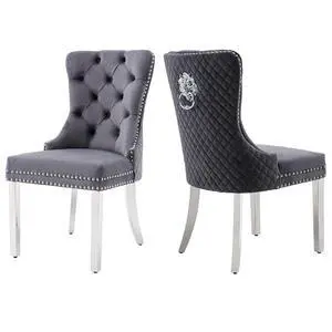 Velvet Upholstered Dining Chairs Set of 2, Modern Button Tufted Chairs with Lion Head Pull Ring and Stainless Steel Legs for Living Room Kitchen, Gray Velvet Upholstered Dining Chairs Set of 2, Modern Button Tufted Chairs with Lion Head Pull Ring and Stainless Steel Legs for Living Room Kitchen, Gray
