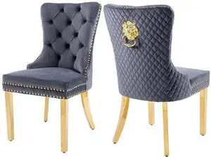 Velvet Upholstered Dining Chairs Set of 2, Modern Button Tufted Chairs with Lion Head Pull Ring and Stainless Steel Legs for Living Room Kitchen, Dark Gray Velvet Upholstered Dining Chairs Set of 2, Modern Button Tufted Chairs with Lion Head Pull Ring and Stainless Steel Legs for Living Room Kitchen, Dark Gray