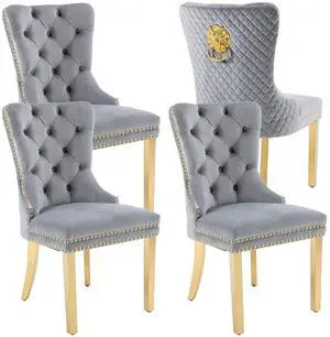 Velvet Upholstered Dining Chairs Set of 4, Modern Button Tufted Chairs with Lion Head Pull Ring and Stainless Steel Legs for Living Room Kitchen, Light Gray Velvet Upholstered Dining Chairs Set of 4, Modern Button Tufted Chairs with Lion Head Pull Ring and Stainless Steel Legs for Living Room Kitchen, Light Gray
