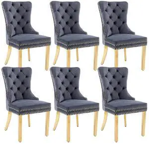 Velvet Upholstered Dining Chairs Set of 6, Modern Button Tufted Chairs with Lion Head Pull Ring and Stainless Steel Legs for Living Room Kitchen, Dark Gray Velvet Upholstered Dining Chairs Set of 6, Modern Button Tufted Chairs with Lion Head Pull Ring and Stainless Steel Legs for Living Room Kitchen, Dark Gray