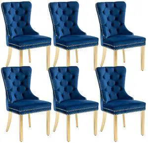Velvet Upholstered Dining Chairs Set of 6, Modern Button Tufted Chairs with Lion Head Pull Ring and Stainless Steel Legs for Living Room Kitchen, Blue Velvet Upholstered Dining Chairs Set of 6, Modern Button Tufted Chairs with Lion Head Pull Ring and Stainless Steel Legs for Living Room Kitchen, Blue