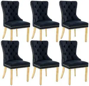 Velvet Upholstered Dining Chairs Set of 6, Modern Button Tufted Chairs with Lion Head Pull Ring and Stainless Steel Legs for Living Room Kitchen, Black Velvet Upholstered Dining Chairs Set of 6, Modern Button Tufted Chairs with Lion Head Pull Ring and Stainless Steel Legs for Living Room Kitchen, Black