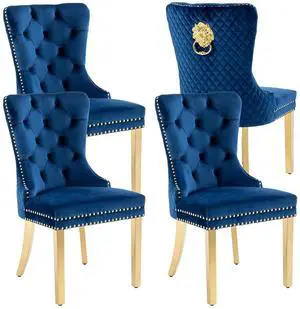 Velvet Upholstered Dining Chairs Set of 4, Modern Button Tufted Chairs with Lion Head Pull Ring and Stainless Steel Legs for Living Room Kitchen, Blue Velvet Upholstered Dining Chairs Set of 4, Modern Button Tufted Chairs with Lion Head Pull Ring and Stainless Steel Legs for Living Room Kitchen, Blue