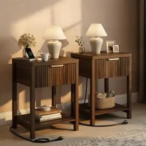 Night Stand Set 2, Fluted Nightstand with Charging Station, Wood Modern Bedside End Table with Storage Drawer for Bedroom, Save Space (Set of 2, Walnut) Night Stand Set 2, Fluted Nightstand with Charging Station, Wood Modern Bedside End Table with Storage Drawer for Bedroom, Save Space (Set of 2, Walnut)