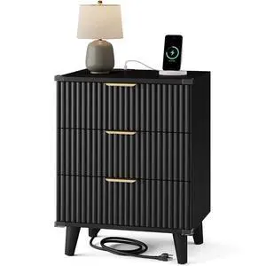 Wood Nightstand with Charging Station, 3 Drawers Fluted Design, Modern End Table for Bedroom Black Wood Nightstand with Charging Station, 3 Drawers Fluted Design, Modern End Table for Bedroom Black
