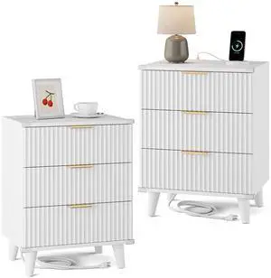 Wood Nightstand Set of 2 with Charging Station, 3 Drawers Fluted Design, Modern End Table for Bedroom White Wood Nightstand Set of 2 with Charging Station, 3 Drawers Fluted Design, Modern End Table for Bedroom White