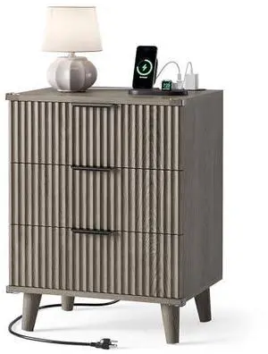 Wood Nightstand with Charging Station, 3 Drawers Fluted Design, Modern End Table for Bedroom Dark Grey Wood Nightstand with Charging Station, 3 Drawers Fluted Design, Modern End Table for Bedroom Dark Grey